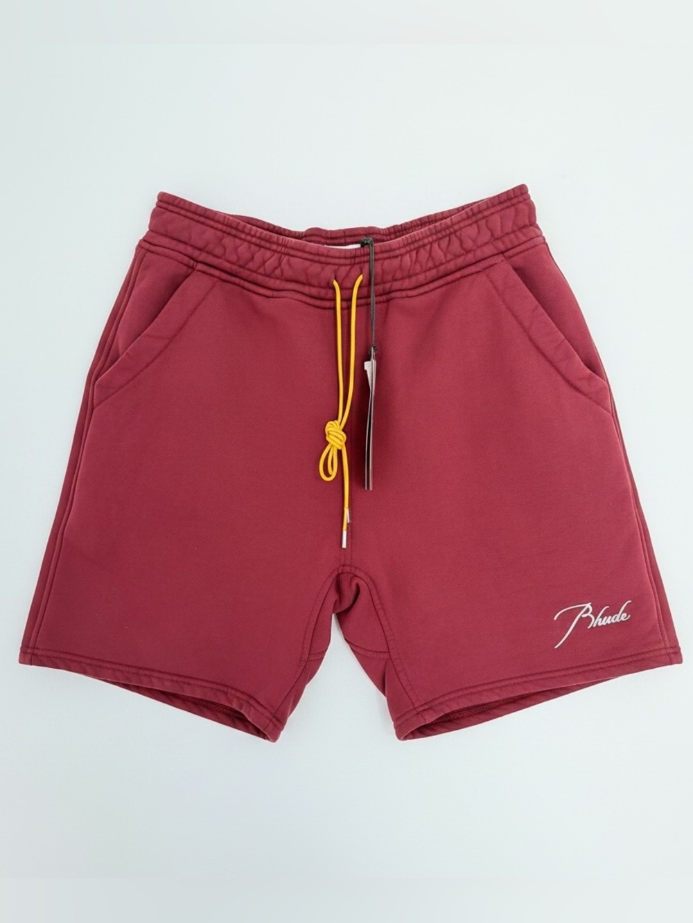 Rhude Terry Shorts in burgundy color with Yellow Drawstring